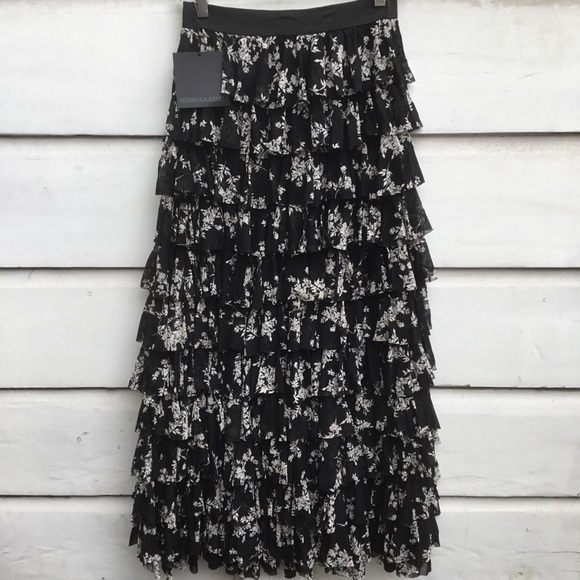 New Norma Kamali black & white layered ruffle maxi skirt delicate flowers XS - Picture 2 of 9